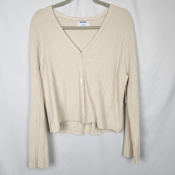 Old Navy Sweaters - Old Navy Womens Cream Ribbed Button Down V-Neck‎ Cardigan Cropped Long Sleeve XL